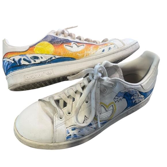 Adidas Stan Smith Sky Ocean Wave Painted White Lace Up Sneakers Artsy Unique 9.5 - Picture 1 of 13